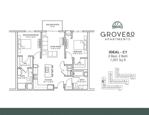 Floor plan for 2 beds, 2 baths, 1001 sqft